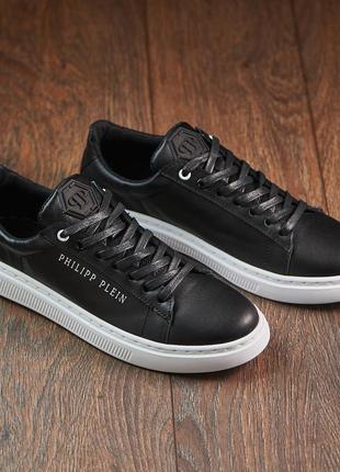 Мужские кожаные кеды plein, шкірчні кеди чорні на білій підошві