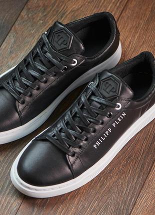 Мужские кожаные кеды plein, шкірчні кеди чорні на білій підошві