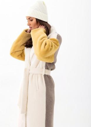 Шуба — пальто жіноче міді еко альпака, триколірне, біле — жовте — капучино, тепле5 фото