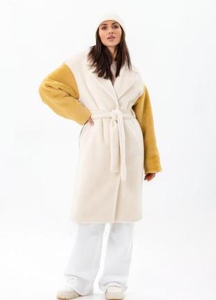 Шуба — пальто жіноче міді еко альпака, триколірне, біле — жовте — капучино, тепле7 фото