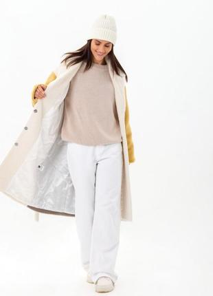 Шуба — пальто жіноче міді еко альпака, триколірне, біле — жовте — капучино, тепле4 фото