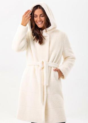 Шуба -пальто женское средней длины миди зимнее эко альпака теплое утепленное с капюшоном, белая5 фото