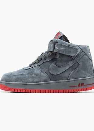 Зимние мужские кроссовки nike air force 1 mid grey red (мех) 40-41-42-43-44-45