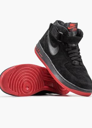 Зимние мужские кроссовки nike air force 1 mid black red (мех) 41-42-43-44-45