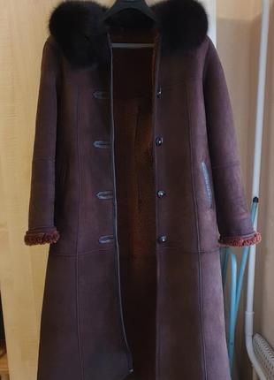 Натуральна дублянка комір песець 48 розмір колір коричневий