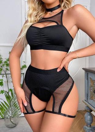 Женское белье сексуальный комплект с поясом гартерами лиф чёрный красный...