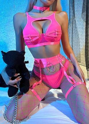 Сексуальное женское нижнее белье комплект с поясом колготки сетка эротическое чёрный розовый s m l 44 46 482 фото