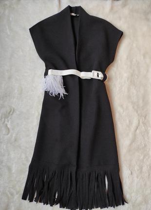 Черный длинный кардиган накидка теплая флисовая оверсайз с бахромой снизу3 фото