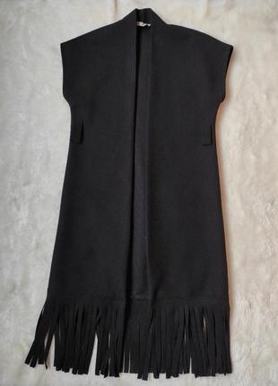 Черный длинный кардиган накидка теплая флисовая оверсайз с бахромой снизу2 фото
