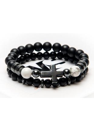 Подвійний браслет dms jewelry з шунгіта, кахолонга, гематиту з хрестом gray hematite cross