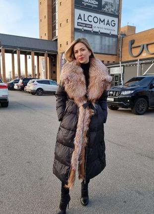 Длинный пуховик с лисой, парка с лисой, куртка с мехом лисы