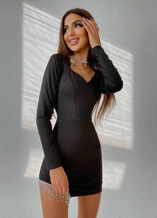 Коротка чорна сукня облягаюча з бахромою зі страз5 фото