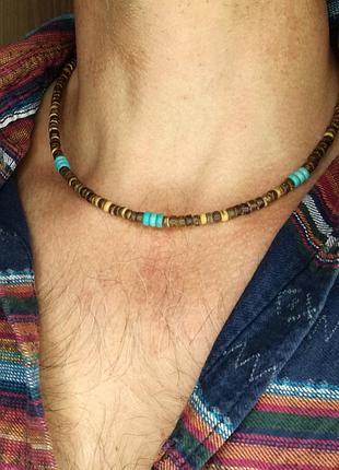Шикарне чоловіче красиве прикраса чокер на шию (бірюза, кокос)