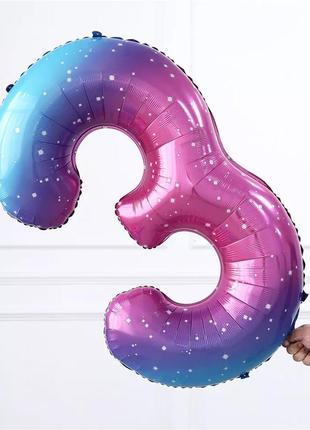 Шарик цифра 3 разноцветная с принтом звезд, длина 100см, (без гелия), фольга
