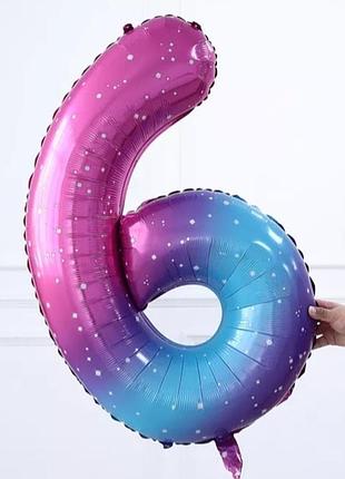 Шарик цифра 6 разноцветная с принтом звезд, длина 100см, без гелия, фольга