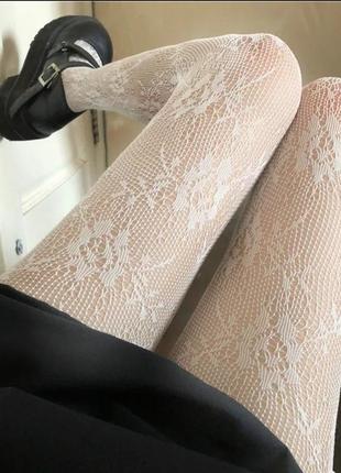 Колготки винтаж ажур белые колготки сетка цветы