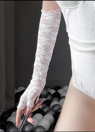 Білі рукавички мереживо довгі ажурні мітенки лоліта аніме3 фото