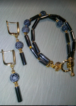 Дизайнерські браслет сережки чокер кольє агат золото натуральні камені плаття блузка подарунок набір6 фото