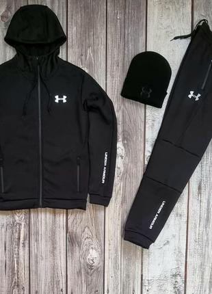 Теплый, зимний, черный спортивный костюм на флисе, флис under armour