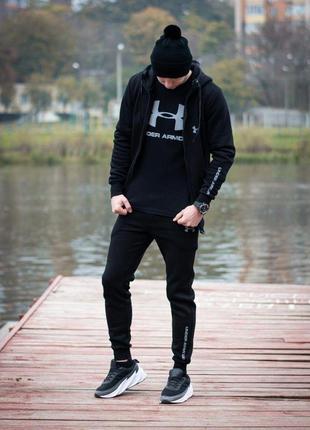 Теплый, зимний, черный спортивный костюм на флисе, флис under armour