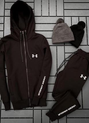 Теплий, зимовий, чорний спортивний костюм на флісі, фліс under armour