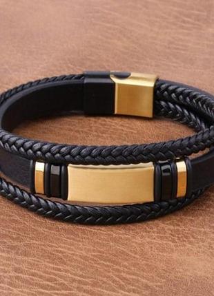 Мужской браслет кожаный стильный черный модный