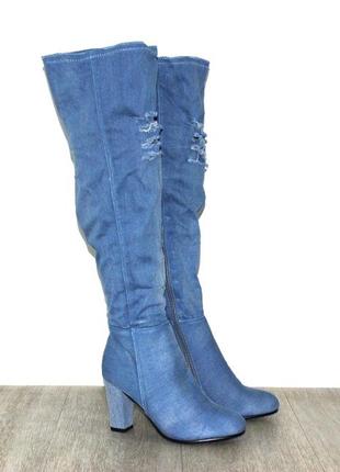 Модные джинсовые сапоги ботфорты на высоком каблуке синие, голубые