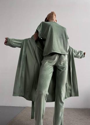 Велюровая пижама тройка велюровый халат пижамный костюм4 фото