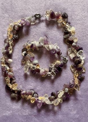 Набор: ожерелье и браслет, аметисты, кварц