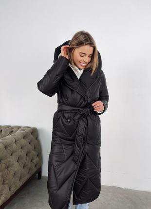 Пальто зигзаг зима черное, длинное с капюшоном