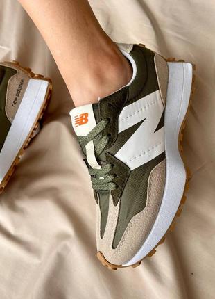 Классные женские кроссовки new balance 327 khaki бежевые с хаки2 фото