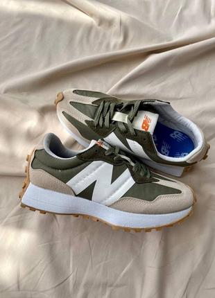 Классные женские кроссовки new balance 327 khaki бежевые с хаки10 фото