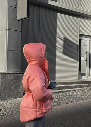 До-20° куртка пальто пуховик с капюшоном непромокаемая с поясом коротка теплая черная голубая пудра розовая молоко6 фото