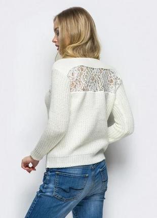 Гарний светр в’язаний теплий однотонний джемпер жіночий olga voichenko з мереживними вставками 44 молочний2 фото