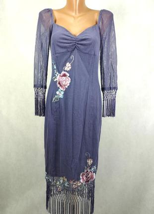 Лавандовое платье миди с бахромой вышивкой сетка декольте karen millen1 фото
