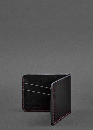 Женский тонкий кожаный кошелек маленькое портмоне двойного сложения из натуральной кожи черный с красной нитью3 фото