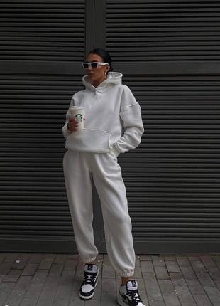 Базовий флісовий теплий спортивний костюм штани джогери + худі з капюшоном комплект однотонний утеплений на флісі сірий меланж білий чорний зелений7 фото