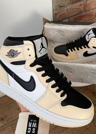 Женские высокие кожаные кроссовки nike air jordan retro1 black beige leather#найк