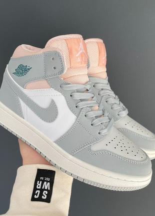 Женские высокие кожаные кроссовки nike Smoke jordan 1 Michael grey pink#найк