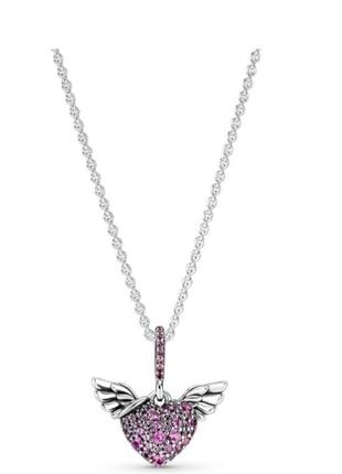 Серебрянное колье сияющие крылья ангела кулон серце с крыльями pandora