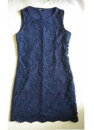 Коктельное синє мереживну сукню без рукавів, дороге мереживо xs-s3 фото