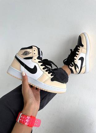 Нереальні жіночі високі кросівки nike air jordan 1 retro beige бежеві з чорним
