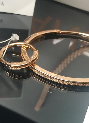 Кольцо браслет набор пандора серебро 925 проба цирконий 182283c01 розовое золото камни бангл логотип бренда жёсткий пломба бирка4 фото