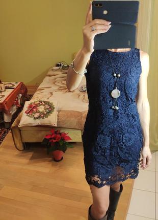 Вечернее праздничное коктельное синее кружевное платье без рукавов, дорогое кружево2 фото
