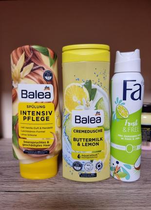Набор: гель для душа 300 мл, бальзам 300 мл, дезодорант 150 мл balea