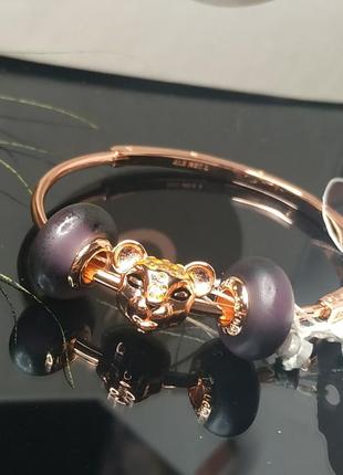 Набор браслет и шармы пандора серебро 925 проба цирконий розовое золото мурано стекло фиолетовый муранка бангл львица пантера пломба бирка2 фото