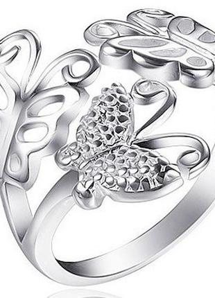 1, нежное кольцо  с  бабочками  со  светлым  серебряным покрытием   безразмерное