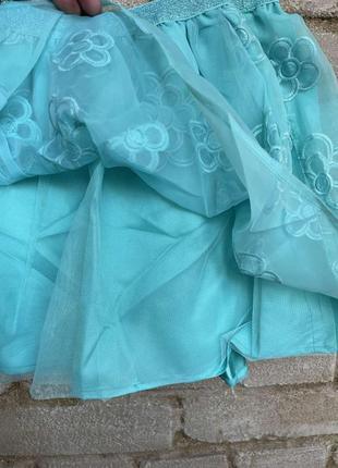 1, нарядная пышная фатиновая бирюзовая юбка туту с 3д цветами размер 7-8 лет childrens place3 фото