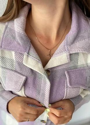 Сорочка в клітку кашемір кашемірова тепла з кишенями на гудзиках куртка пальто, жакет татова хіпстер лісоруб у картатий принт ліловий лаванда8 фото