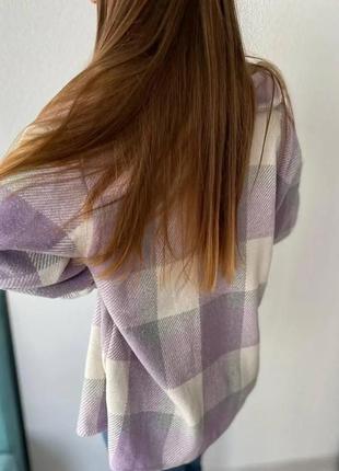 Сорочка в клітку кашемір кашемірова тепла з кишенями на гудзиках куртка пальто, жакет татова хіпстер лісоруб у картатий принт ліловий лаванда7 фото